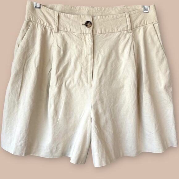 Alex Marie Linen Blend Pleated High Rise Wide Leg Bermuda Shorts Size 12 Neutral - Picture 1 of 11